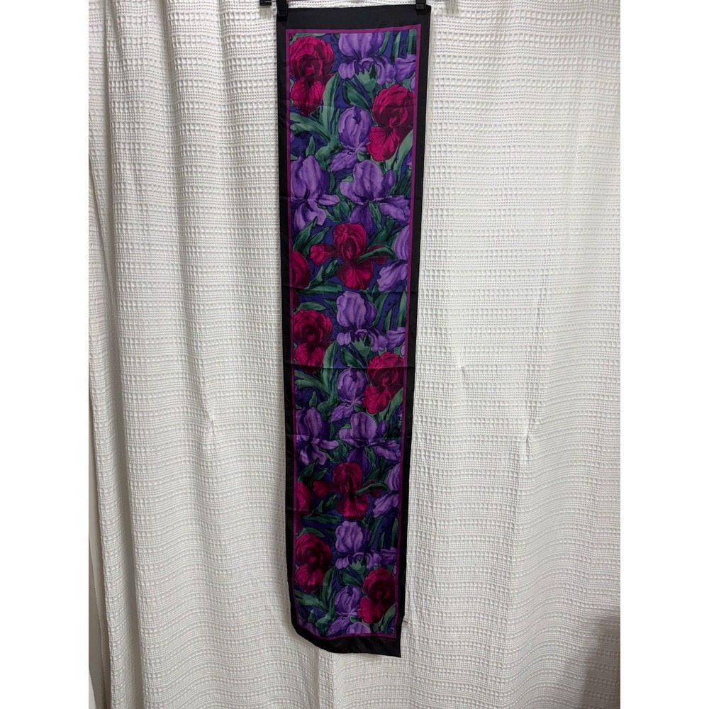 VTG Adrienne Landau Studio Scarf OS Purple Floral 100% Silk EUC Oblong Iris - Picture 2 of 5